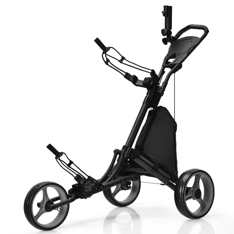 Chariot de golf pliable 121 x 70 x 114 cm compartiment de rangement pratique et frein à pied style moderne en aluminium gris 20_0018246