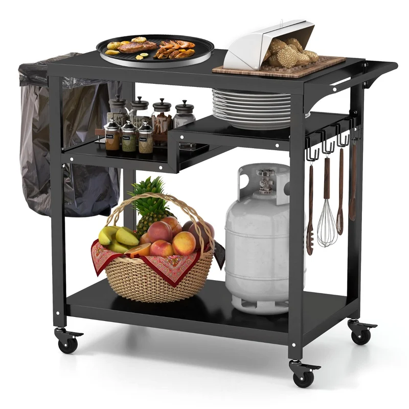 Chariot de barbecue d'extérieur mobile 111 x 50,5 x 93 cm avec rangement pratique et roues verrouillables en métal noir 20_0019289