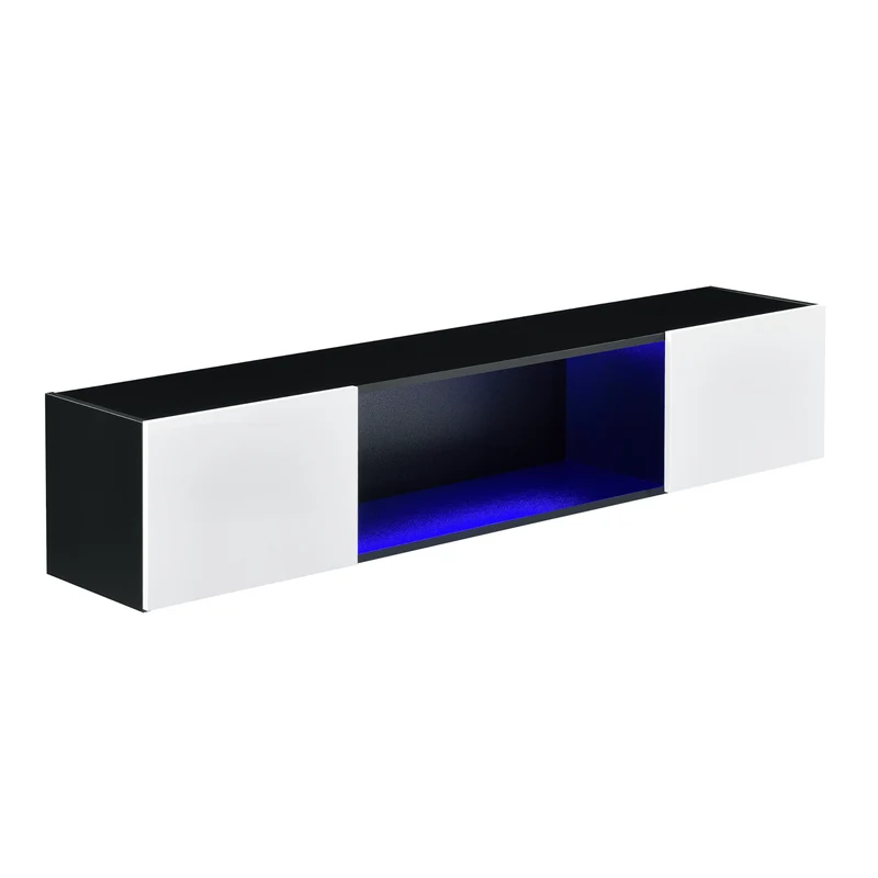 Étagère Murale Stylée Meuble de Rangement Design avec 2 Portes et Éclairage LED Bleu Capacité de Charge jusqu'à 15 kg Panneau de Particules 150 x 30 x 30 cm Noir Blanc Brillant 03_0005195