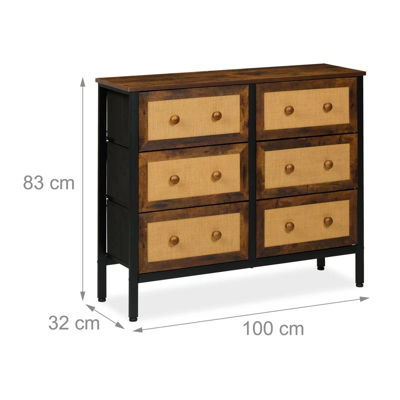 Commode avec 6 tiroirs vintage tendance rangement salon chambre 110 x 40 x 80 cm en métal imitation bois de noyer 13_0015994