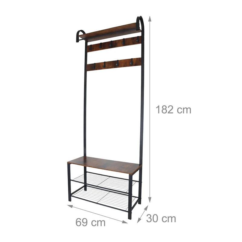 Porte-manteau 2 en 1 compact couloir 100 x 30 x 180 cm avec banc à chaussures style industriel en métal noir 13_0017681