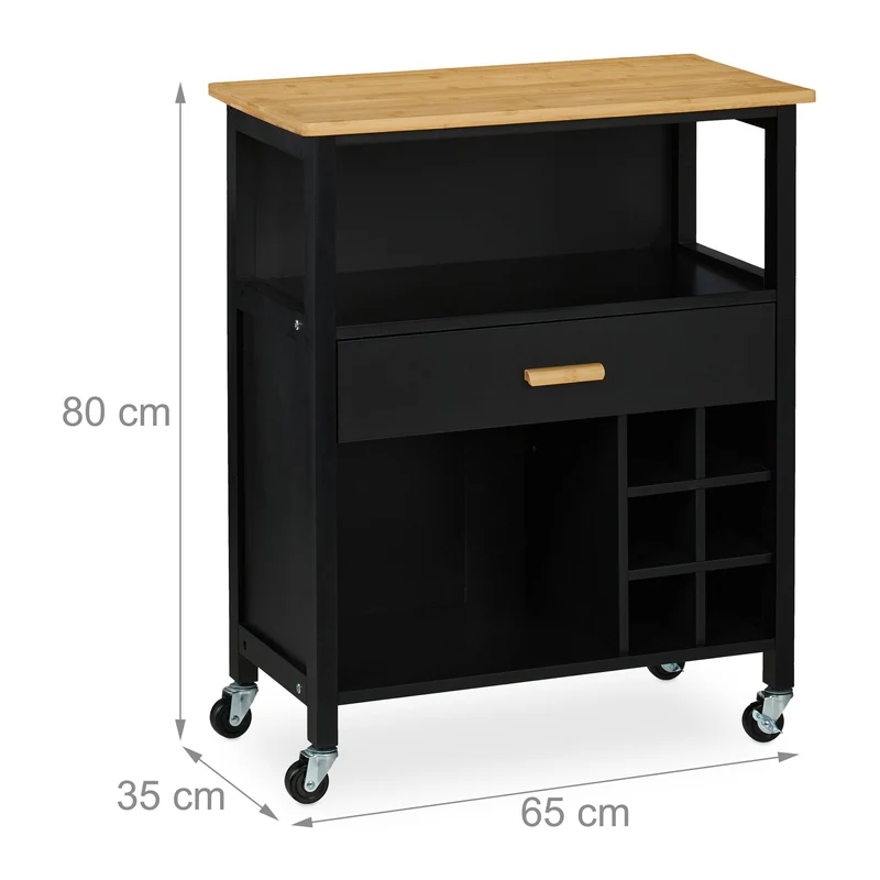 Desserte de cuisine chariot avec plan de travail pratique rangement pour 6 bouteilles 80 x 65 x 35 cm en MDF noir 13_0016710