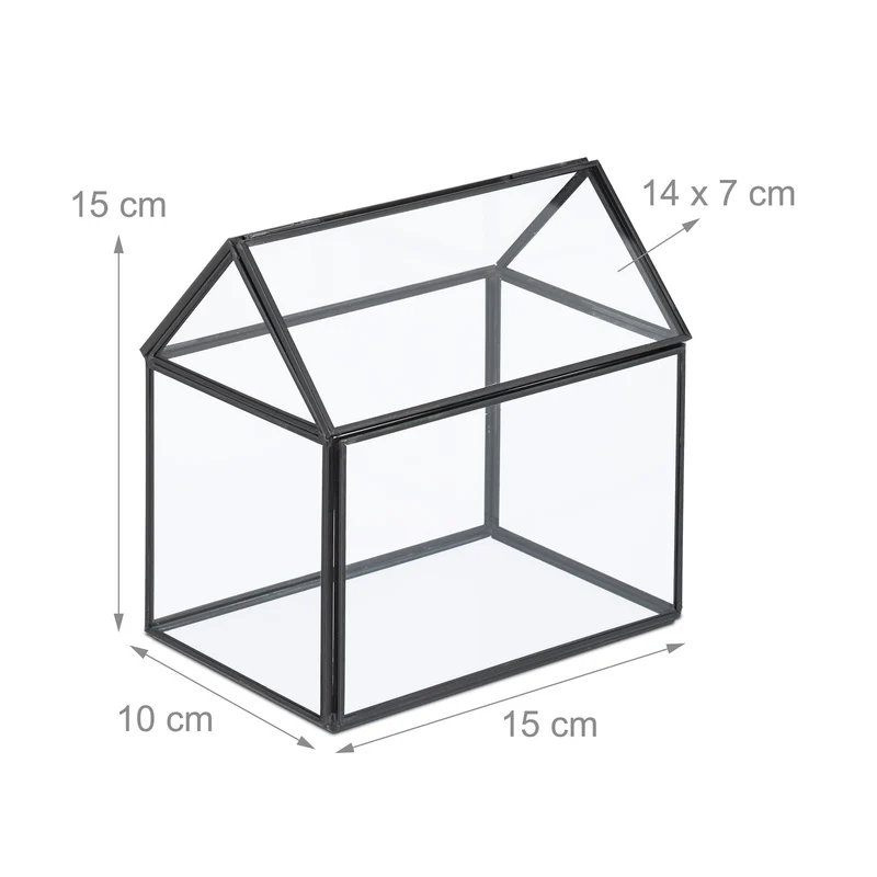 Terrarium en forme de petite maison pour succulentes 15 x 15 x 10 cm ambiance cosy en verre transparent 13_0017009