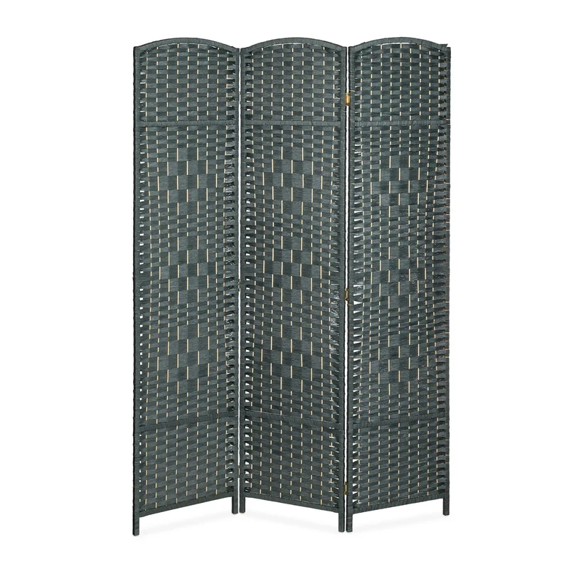 Paravent mobile pliable pratique décoratif salon chambre 3 panneaux motif tressé en bois gris 13_0011466