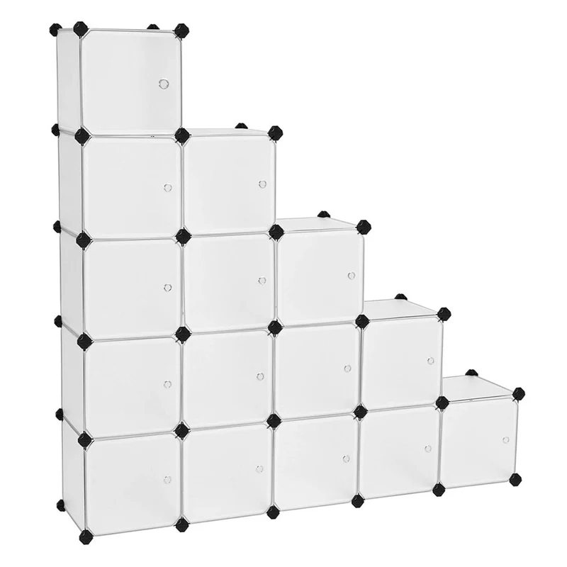Étagère de rangement avec 16 casiers armoire plastique avec porte modulable bac meuble casier cube etageres cubes stable assemblage facile blanc 12_0003627