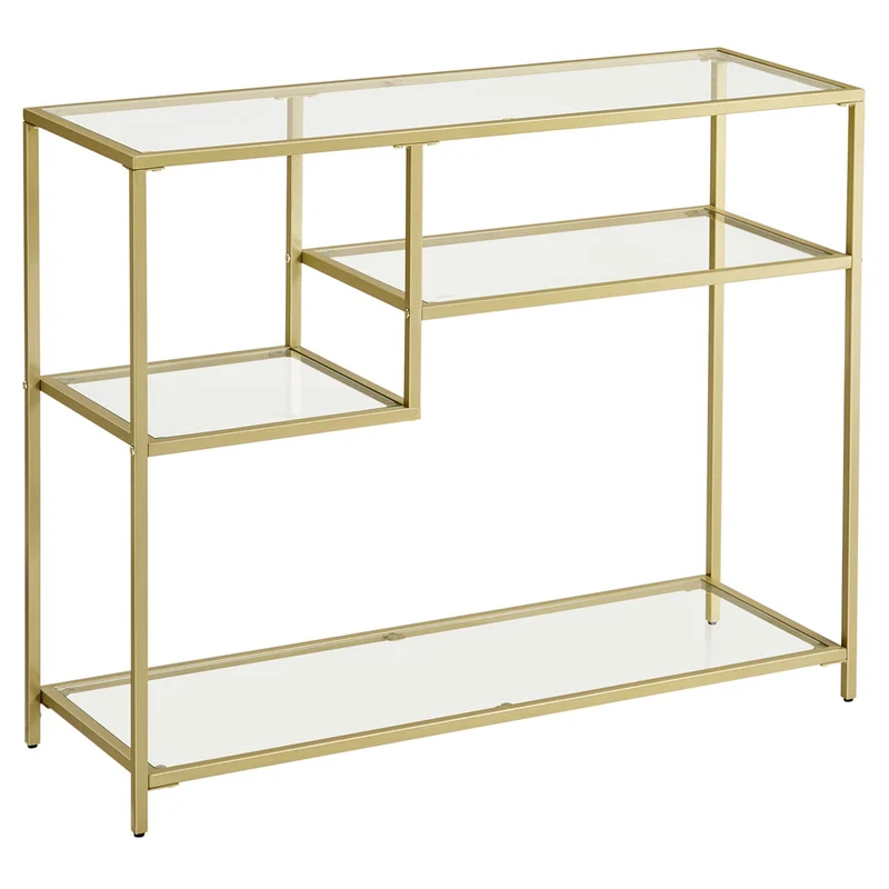 Table console table d'entrée bout de canapé buffet en verre trempé cadre en métal avec étagères de rangement 35 x 100 x 80 cm style moderne pour entrée salon doré 12_0007514