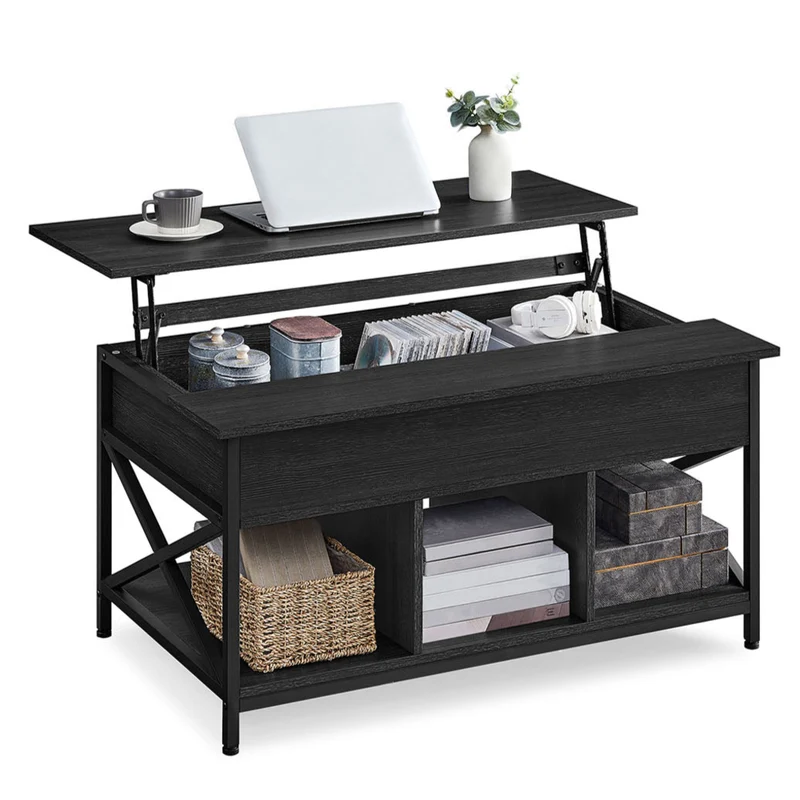Table basse table de salon avec plateau relevable avec rangement ouvert et compartiment caché barres 60 x 100 x (48-62) cm noir 12_0007473