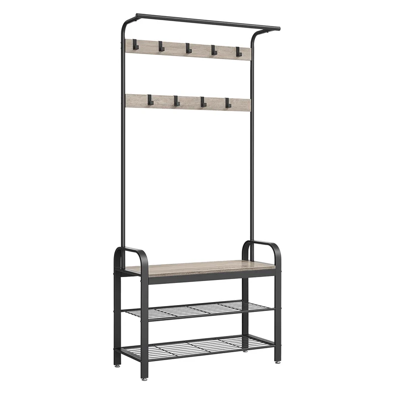 Portemanteau vestiaire meuble d’entrée avec crochets amovible banc et étagère à chaussures longueur 84 cm cadre en métal style industrielmarron rustique et noir 12_0007142