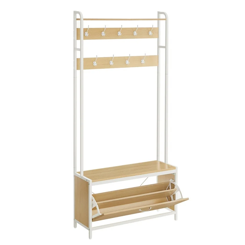 Meuble d’entrée avec banc 9 crochets et étagère porte-manteaux vestiaire pour couloir chambre style industriel marron rustique et noir 12_0006387