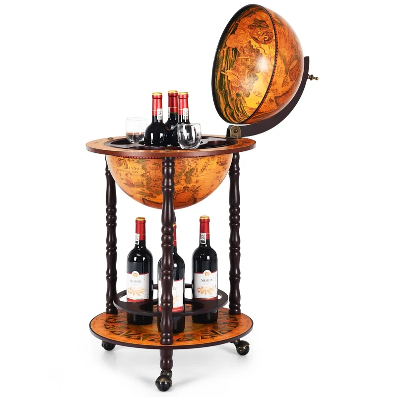 Globe bar vintage en bois d'eucalyptus 47 x 47 x 90 cm rangement pratique style rétro élégant en bois marron 20_0020821