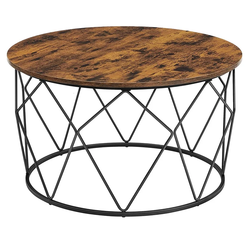 Table basse ronde meuble de salon cadre en acier pour salon chambre bureau style industriel marron 12_0007454