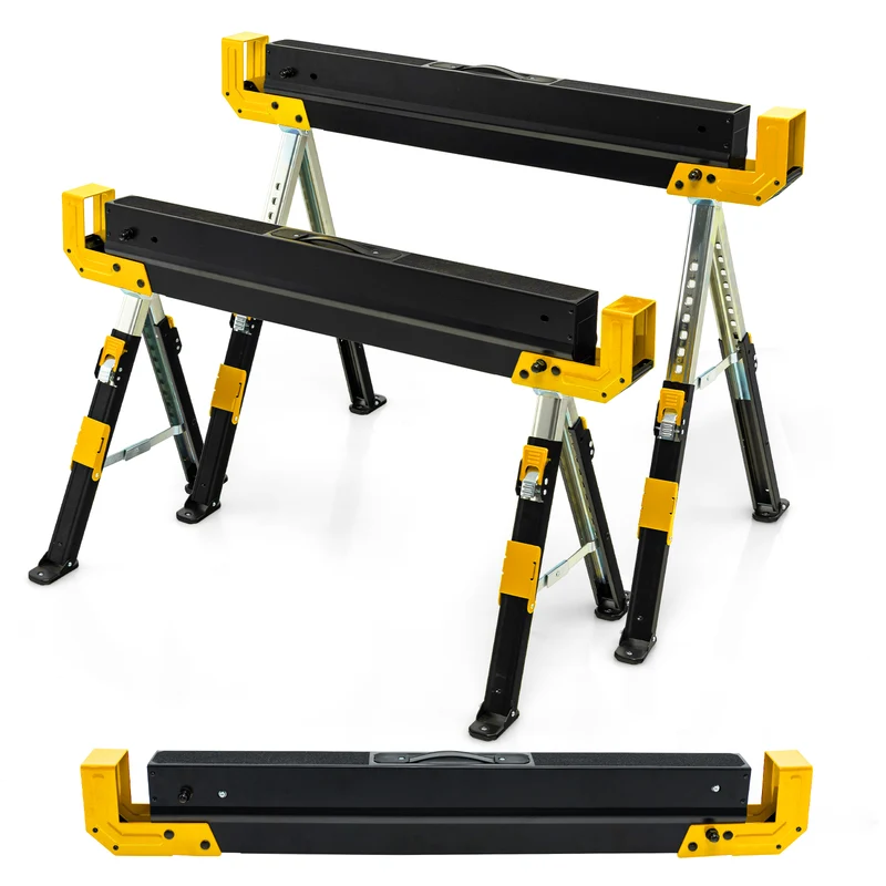 Lot de 2 tréteaux pliables ajustables hauteur 61,5 à 82,7 cm antidérapants design robuste en acier jaune 20_0018864