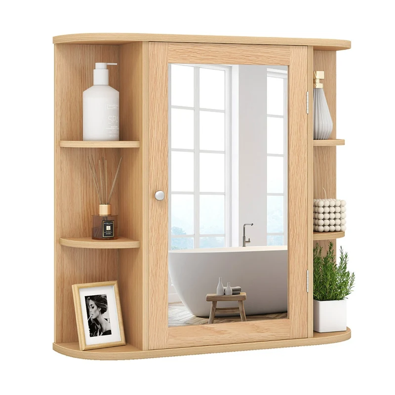 Meuble de salle de bain mural avec miroir et 6 étagères 66 x 17 x 64 cm design moderne en MDF naturel 20_0017496