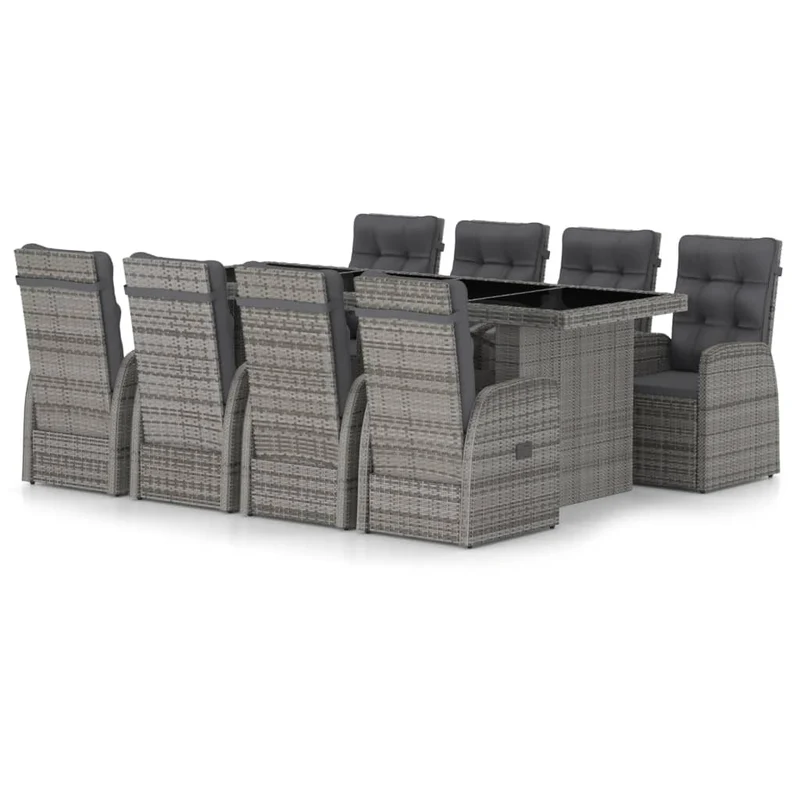 Mobilier à dîner jardin 9 pièces avec coussins résine tressée gris 02_0014935