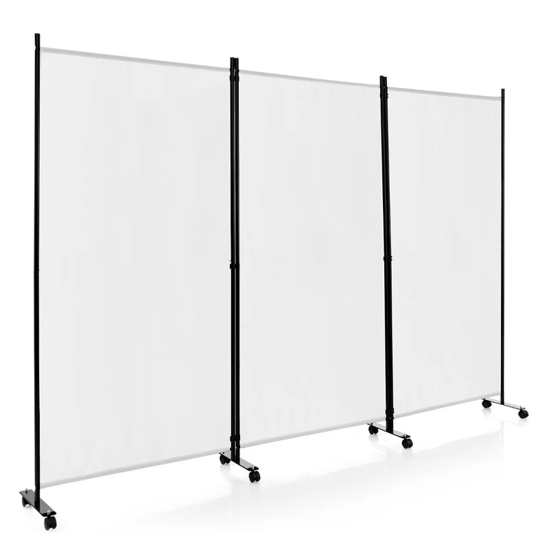 Paravent à roulettes 3 panneaux pliables 262 x 180 cm pour intimité décoratif en polyester blanc 20_0013050