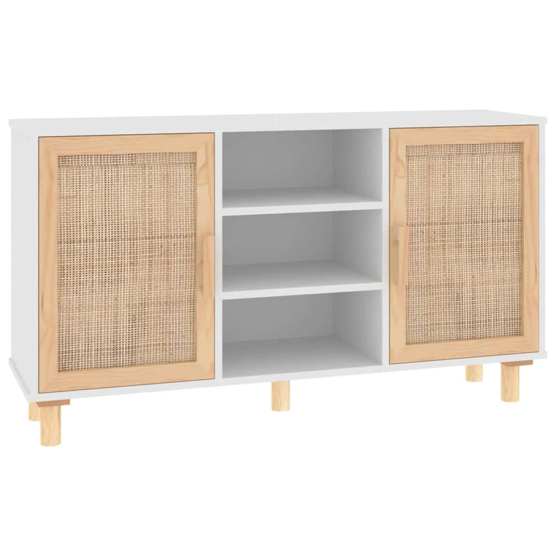Buffet bahut commode armoire meuble de rangement organisateur cuisine salle de séjour salon 105 x 30 x 60 cm bois de pin massif et rotin naturel blanc 02_0030188