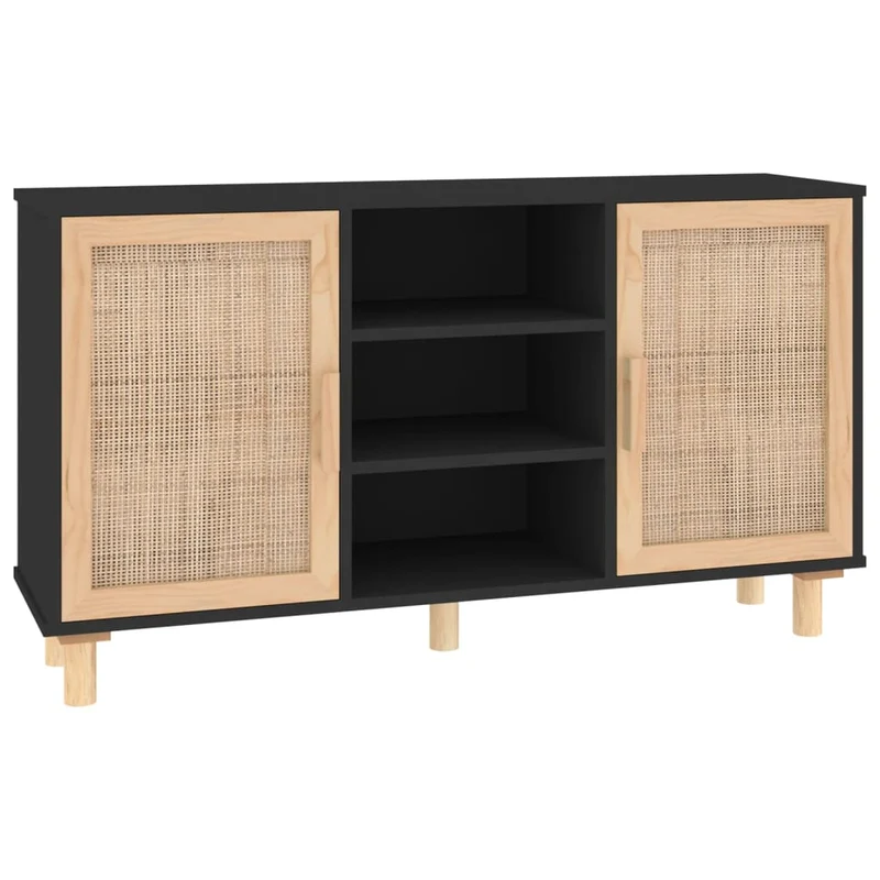 Buffet bahut commode armoire meuble de rangement organisateur cuisine salle de séjour salon 105 x 30 x 60 cm bois de pin massif et rotin naturel noir 02_0035831