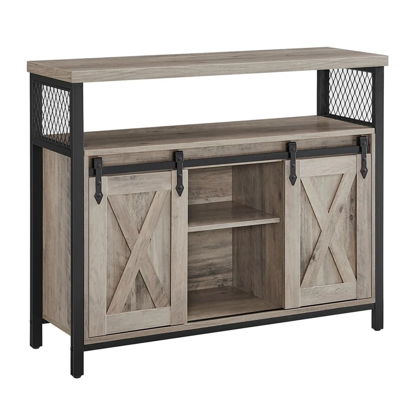 Buffet de salle à manger placard de cuisine meuble de rangement armoire portes de grange coulissantes étagère réglable style industriel pour salon marron rustique et noir 12_0004530
