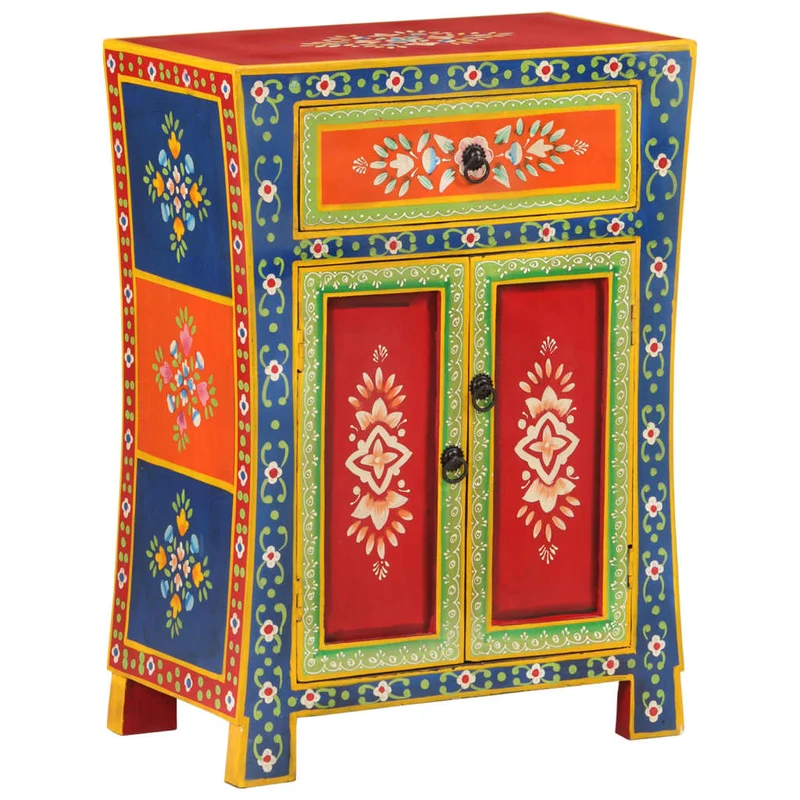 Buffet bahut commode armoire meuble de rangement organisateur cuisine salle de séjour salon peint à la main 54 x 30 x 74 cm bois massif de manguier multicolore 02_0036189