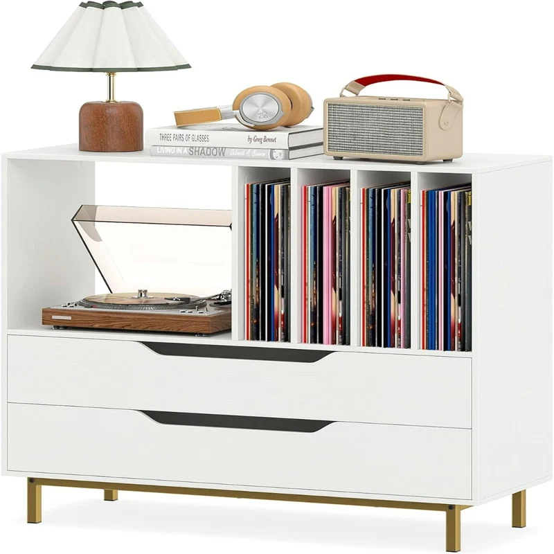 Meuble pour platine vinyle 91 x 36 x 87 cm avec 2 tiroirs rangement pratique style rétro en MDF blanc 20_0018850