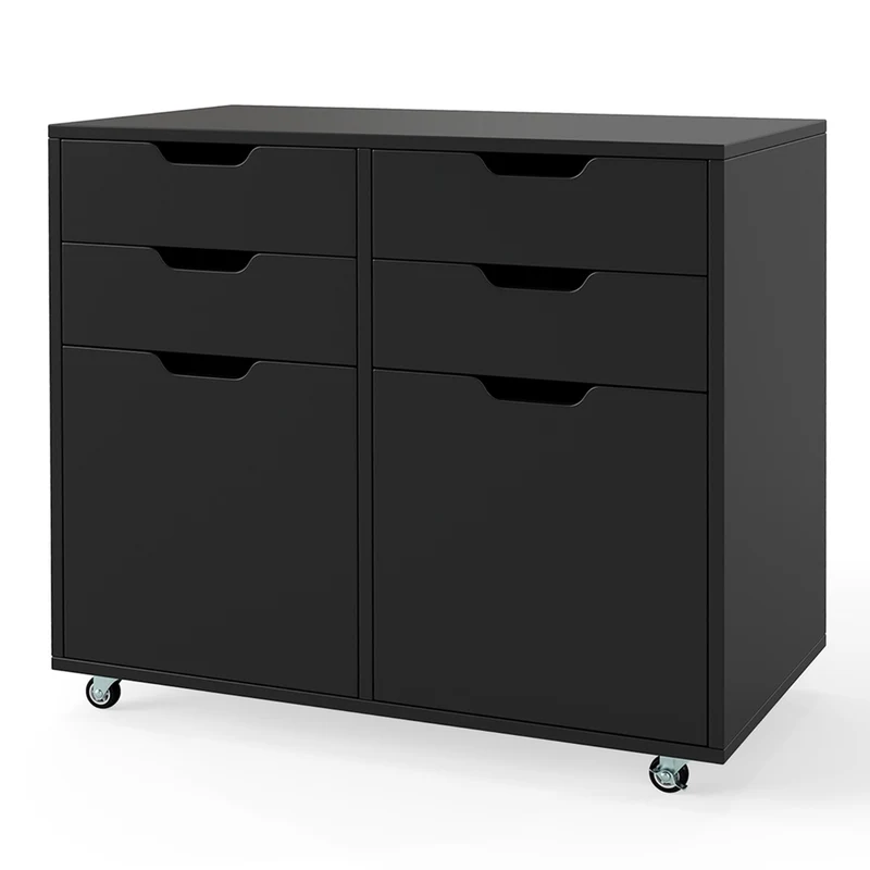 Commode à 4 tiroirs et 2 portes 73 x 40 x 64,5 cm mobile avec roulettes design moderne en MDF noir 20_0011558