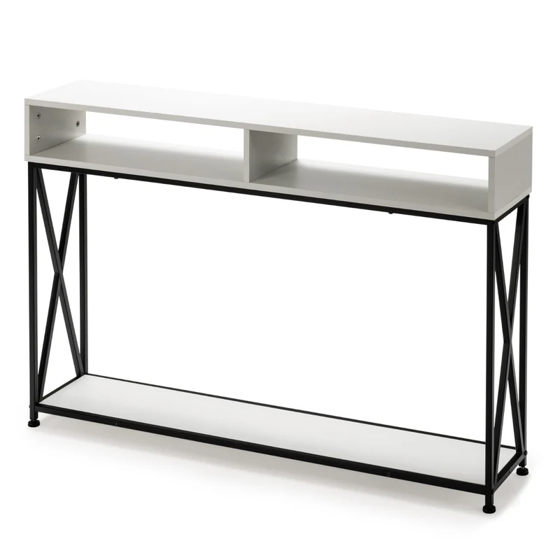 Table console lot de 1 étroite 120 x 23 x 79 cm avec étagères anti-basculement style industriel en acier blanc 20_0013828