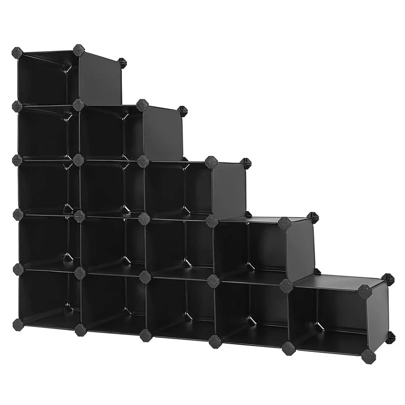 Meuble de rangement modulable 16 compartiments étagère en plastique avec portes pour vêtements chaussures jouets livres assemblage facile 153 cm noir 12_0003167