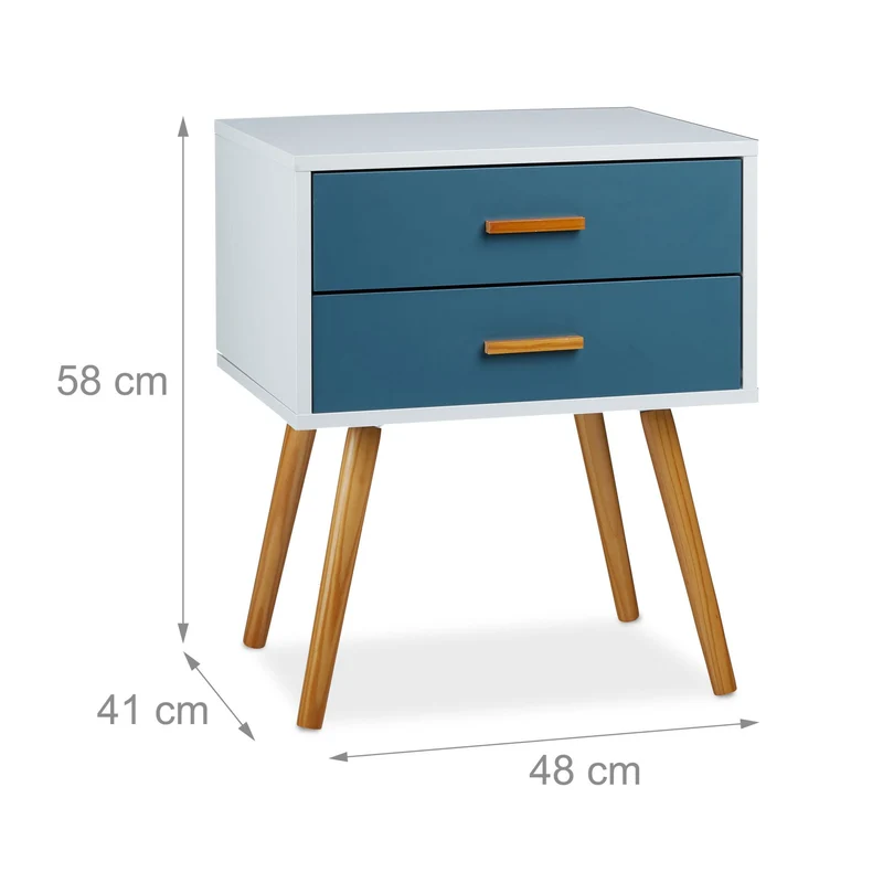 Commode rétro scandinave 58 x 48 x 41 cm avec 2 tiroirs élégante et fonctionnelle en bois laqué bleu 13_0003366