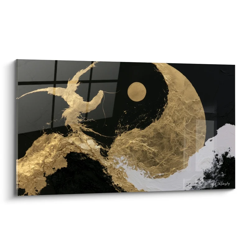 Tableau Symbole doré et noir aux vagues déferlantes - Oiseau doré filiforme - Edition Yin Yang