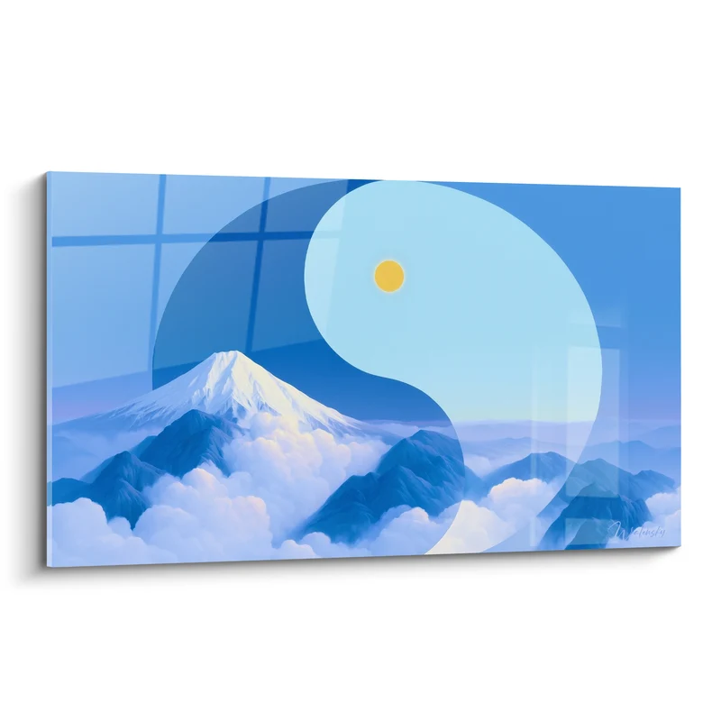 Tableau Symbole bleu et blanc au sommet enneigé - Soleil jaune pâle - Edition Yin Yang