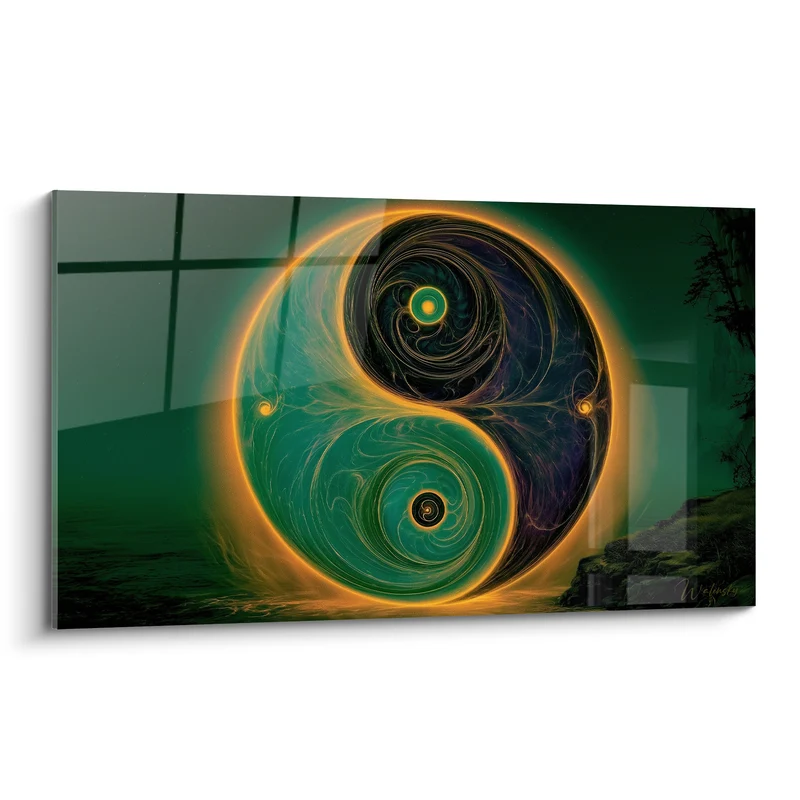 Tableau Symbole vert émeraude aux volutes dorées - Souffle circulaire - Edition Yin Yang