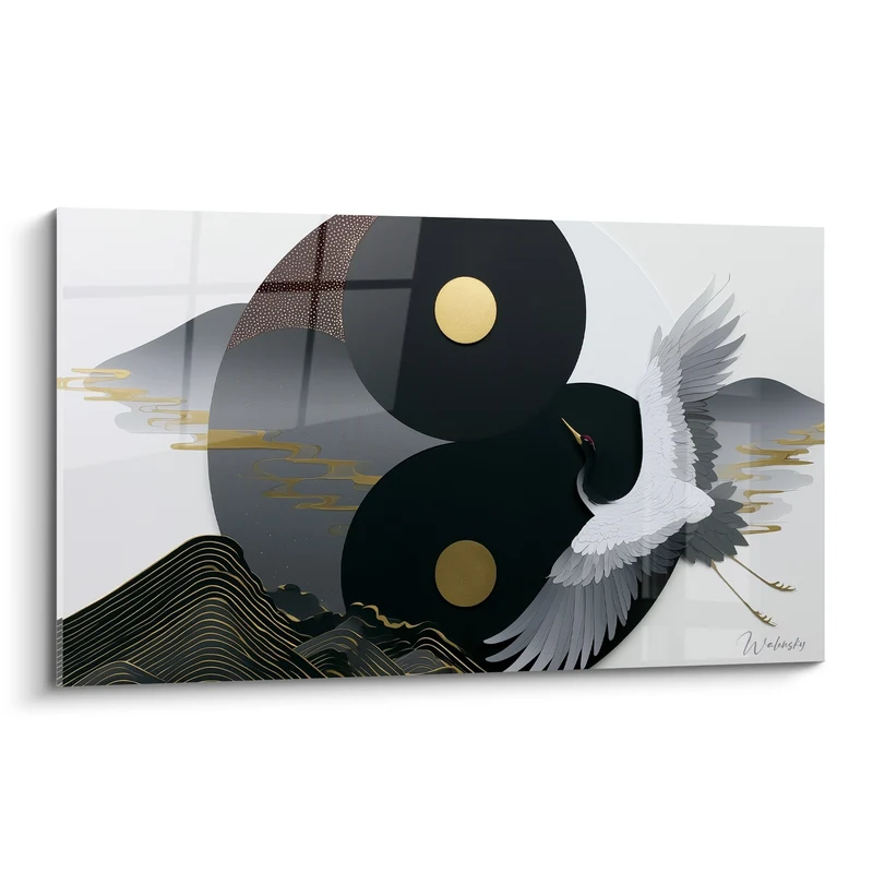 Tableau Grue noire et dorée survolant des montagnes - Envol harmonieux - Edition Yin Yang
