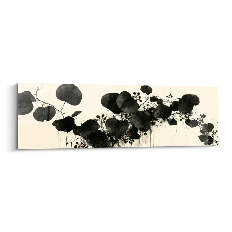 Tableau Feuilles rondes noires et ivoire en grappe suspendue - Baies éparpillées fines tiges - Edition Eucalyptus