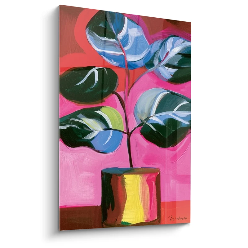 Tableau Feuilles rondes vertes et bleues en pot doré - Fond rose vif - Edition Eucalyptus