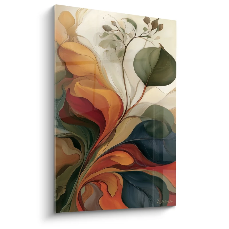 Tableau Feuilles ondulantes orange et bleu marine drapées - Tige suspendue flottante - Edition Eucalyptus