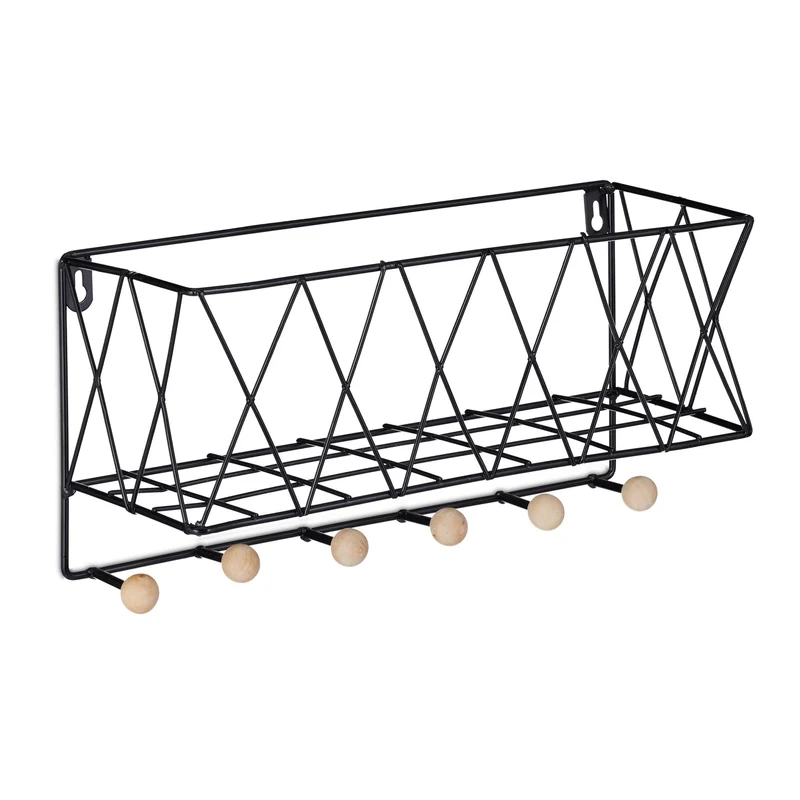 Étagère murale design chic avec portemanteaux pour manteaux et accessoires 17 x 36 x 13 cm en métal noir 13_0009904