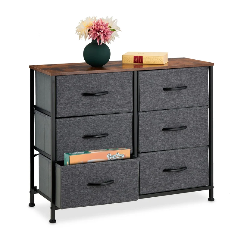 Commode avec 6 tiroirs rangement élégant style industriel entrée salon 140 x 40 x 80 cm en bois noir 13_0012820