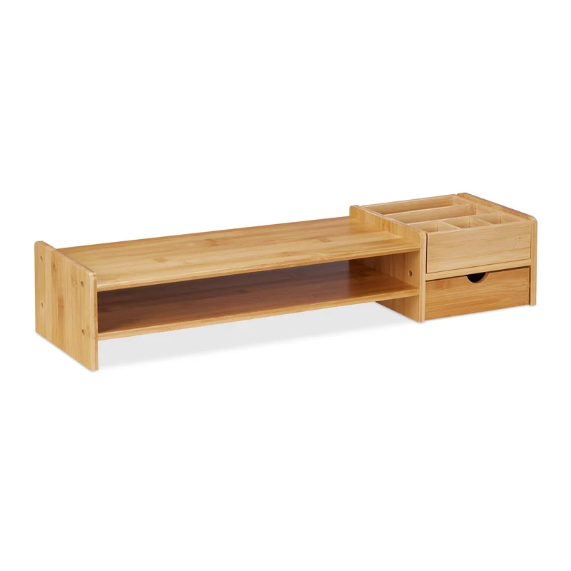Support pc à rangements ergonomique bureau 80 x 30 x 10 cm avec tiroir et tablettes en bambou naturel 13_0011228