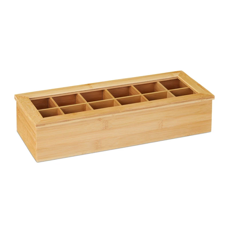 Boîte de rangement thé 12 compartiments pratique design épuré 30 x 20 x 10 cm en bambou naturel 13_0009017