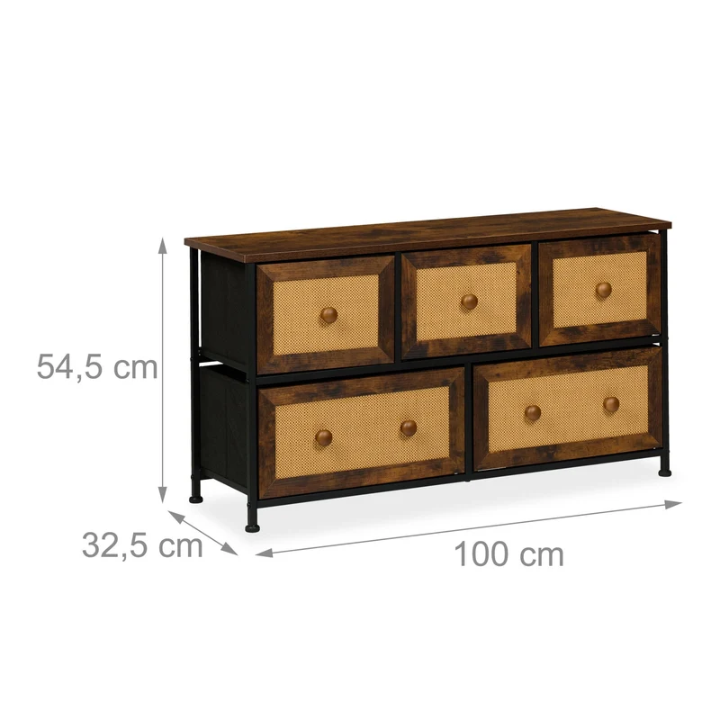 Commode à 5 tiroirs vintage tendance pour salon chambre couloir 90 x 40 x 80 cm en métal imitation bois de noyer 13_0015979