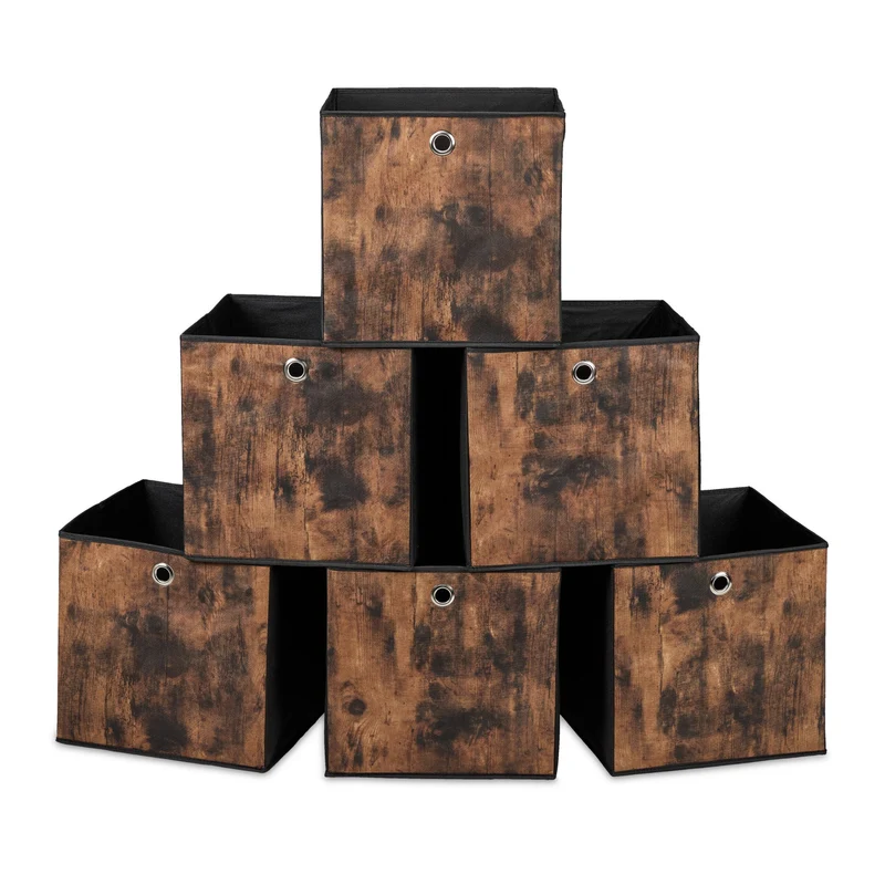 Lot de 6 boîtes de rangement carrées salle de séjour 26 x 26 x 26 cm design industriel en tissu noir 13_0016302