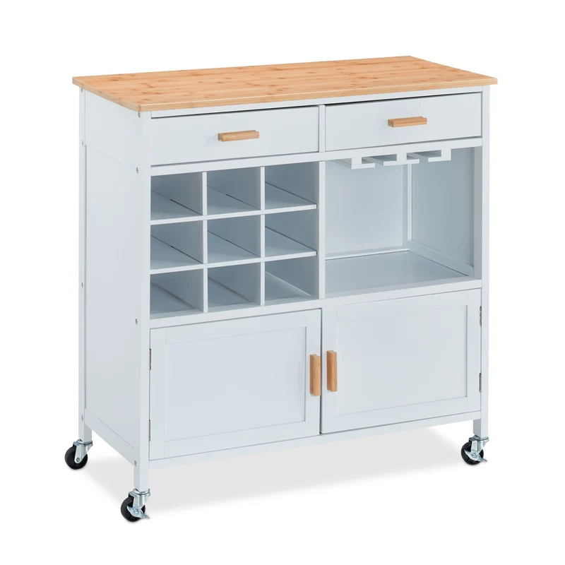 Chariot de cuisine mobile style campagnard 75 x 40 x 80 cm avec cave à vin et rangement en bois blanc 13_0011369