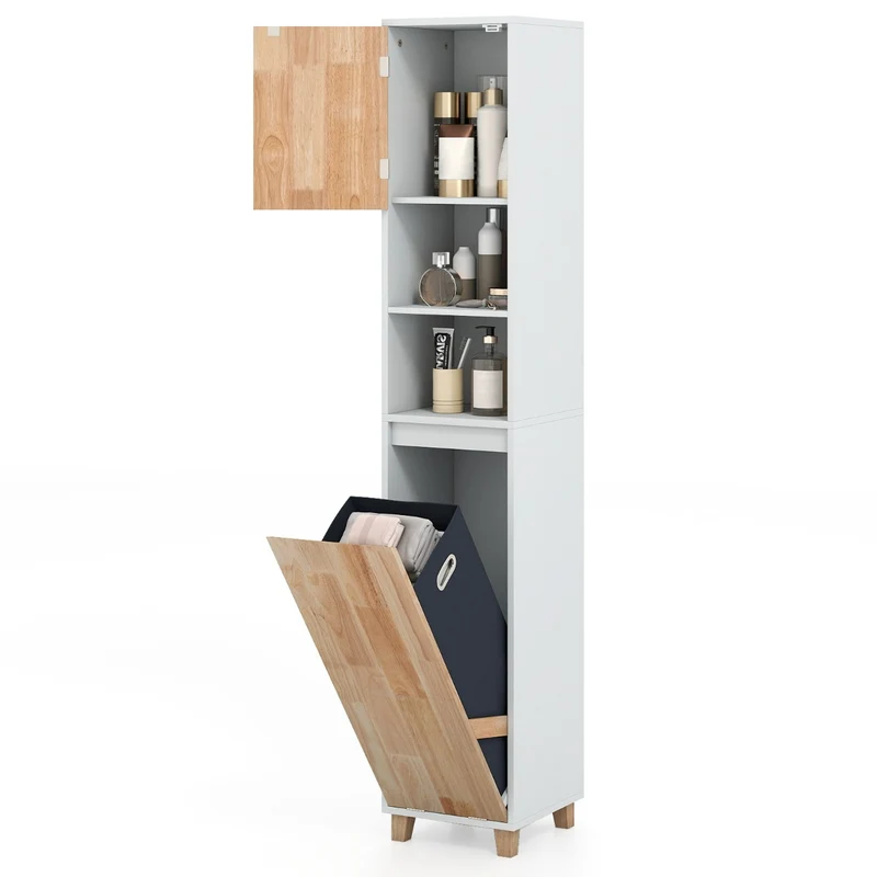 Armoire à linge inclinable 32 x 31 x 170,5 cm avec panier amovible design moderne en bois caoutchouc blanc 20_0018677