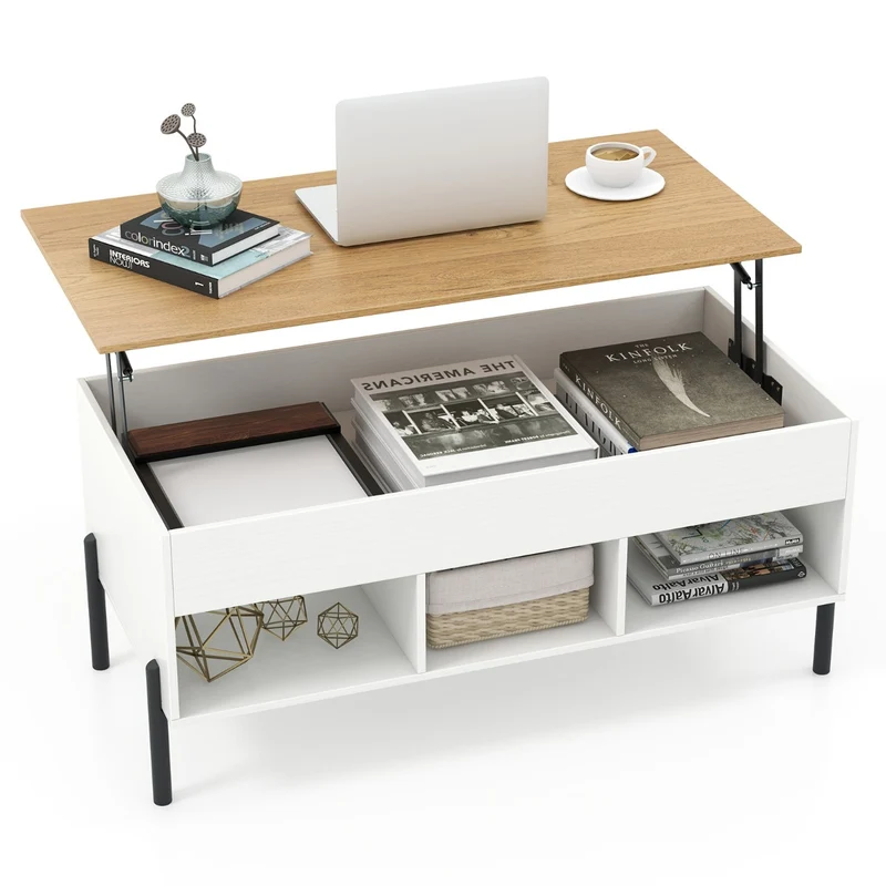 Table basse relevable 100 x 50 x 45 cm avec rangement caché usage fonctionnel moderne en bois d'ingénierie blanc 20_0018894