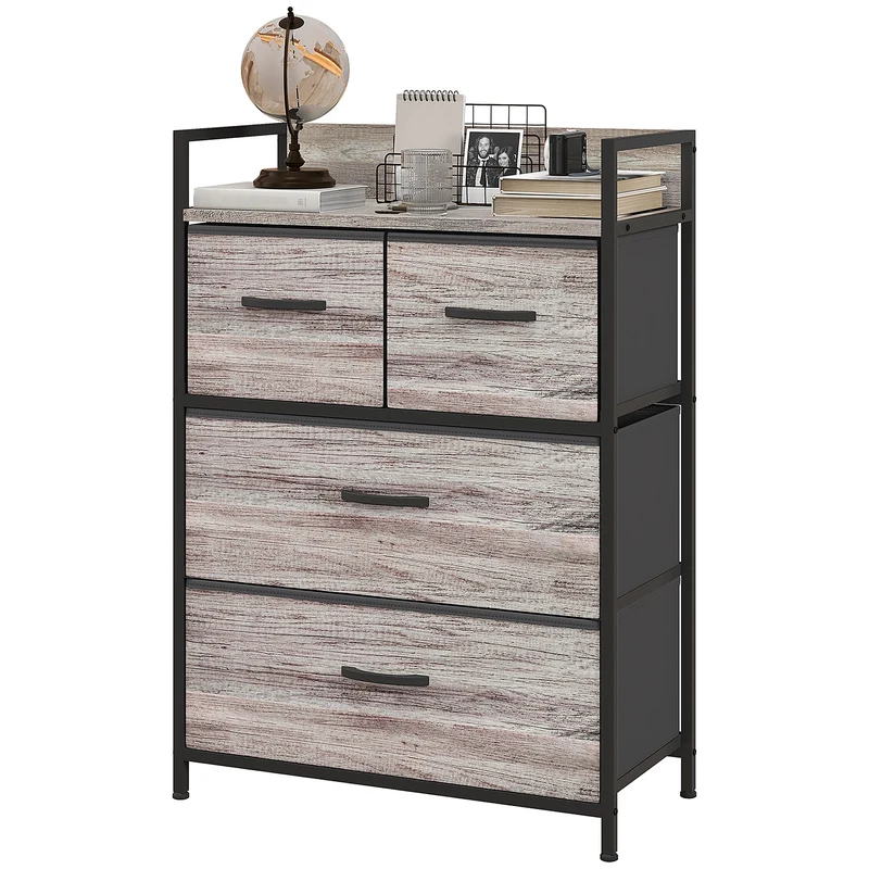 Commode de chambre 60 x 29 x 85 cm 4 tiroirs amovibles étagère supérieure finition mate industriel rustique en tissu gris 21_0001596