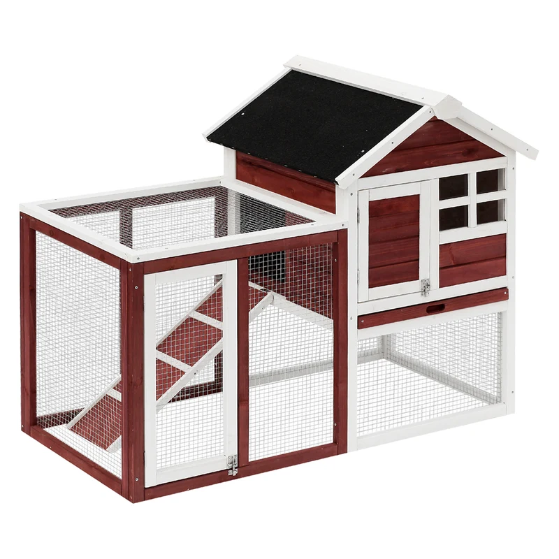 Clapier pour lapins avec enclos extérieur 123,5 x 62,6 x 92,5 cm niche surélevée plateau rustique en bois rouge brique 21_0007870