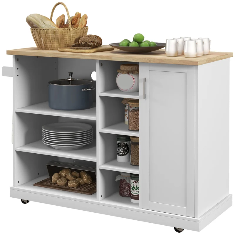 Desserte îlot de cuisine 129 x 51 x 93 cm 7 compartiments sur roulettes placard porte torchon moderne épuré en MDF blanc 21_0001041