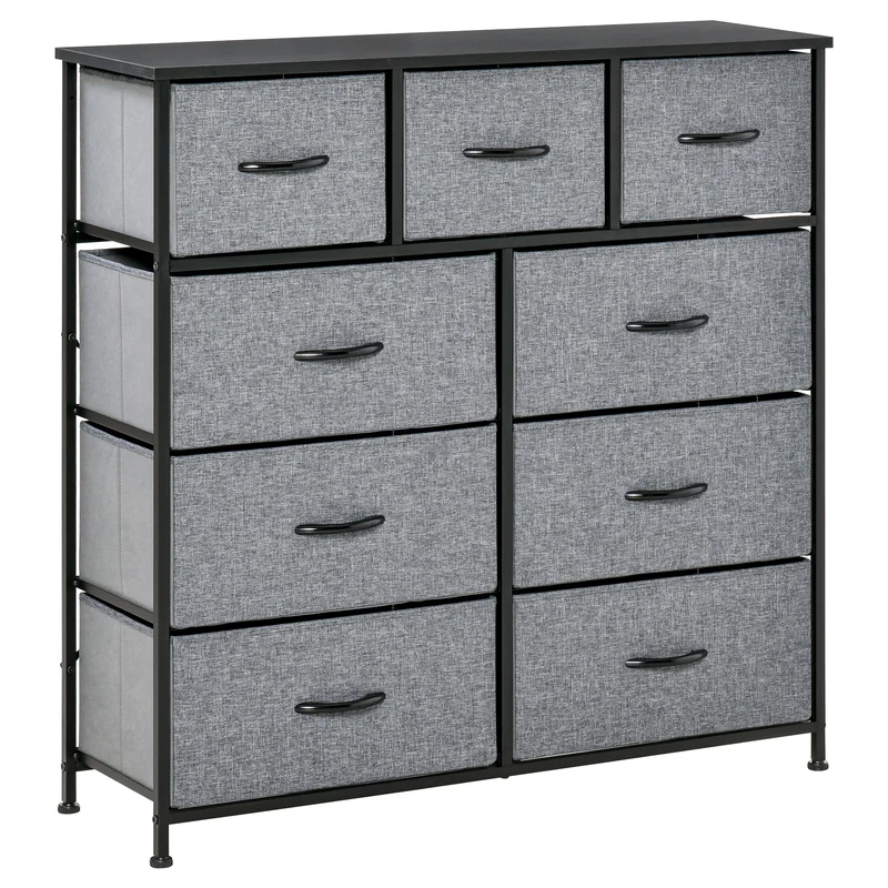 Commode de rangement 9 tiroirs pratique 100 x 30 x 100 cm gain de place anti basculement style moderne en polyester gris 21_0001484
