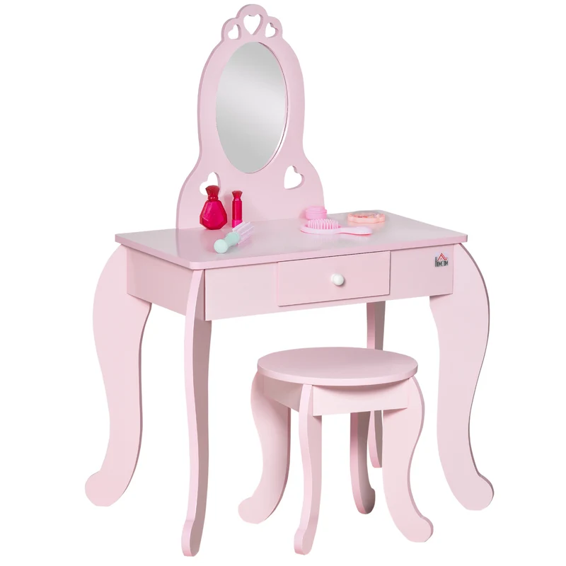 Coiffeuse enfant miroir ovale 60 x 36 x 88 cm tiroir rangement assise tabouret confort décoratif tendance en MDF rose 21_0000142