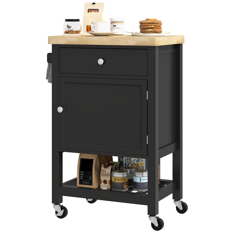 Desserte de cuisine à roulettes 63,5 x 40 x 90 cm tiroir et placard gain de place modulaire scandinave épuré en MDF noir 21_0001015